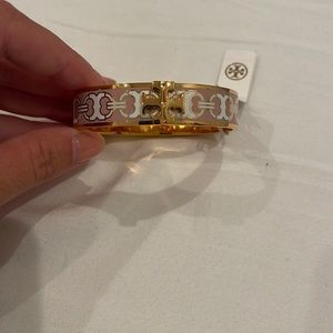 Tory Burch Gold Clic Clack Bangle Pink and White